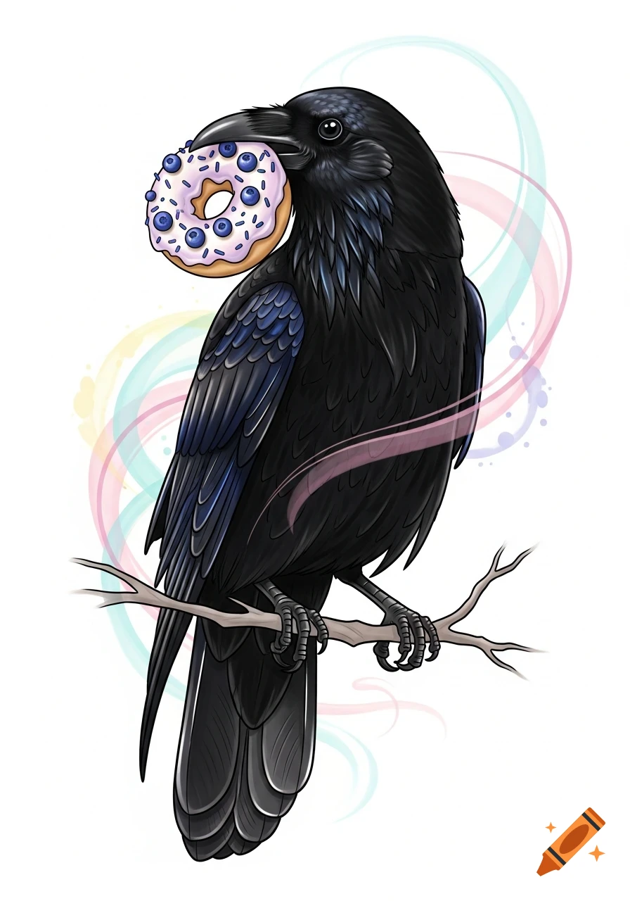 A black crow perched on a branch, holding a blueberry donut in its beak, against a background of colorful swirls in a clean illustration style.