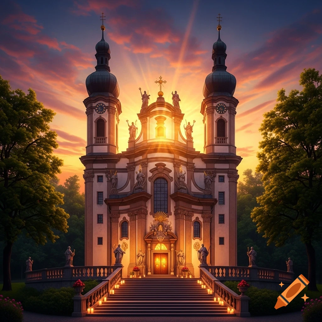 A grand, ornate pilgrimage church with two towers bathed in golden light from a dramatic sunset sky, surrounded by green trees.