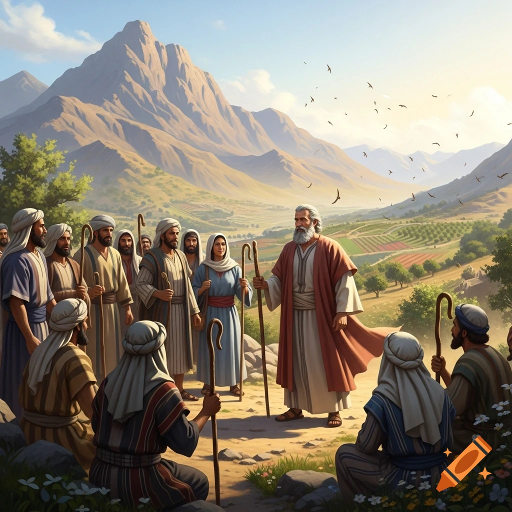 A robed, bearded man, resembling Moses, speaks to a gathering of people with staffs in a vast, sunny, mountainous landscape.