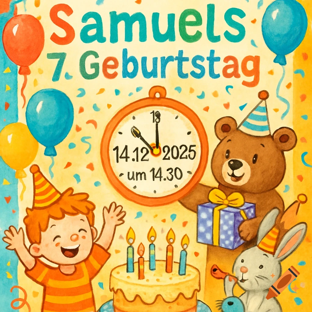 A watercolor-style birthday invitation for Samuel's 7th birthday, featuring a happy boy, a bear with a gift, a rabbit, balloons, a cake with candles, and a clock showing the date and time.