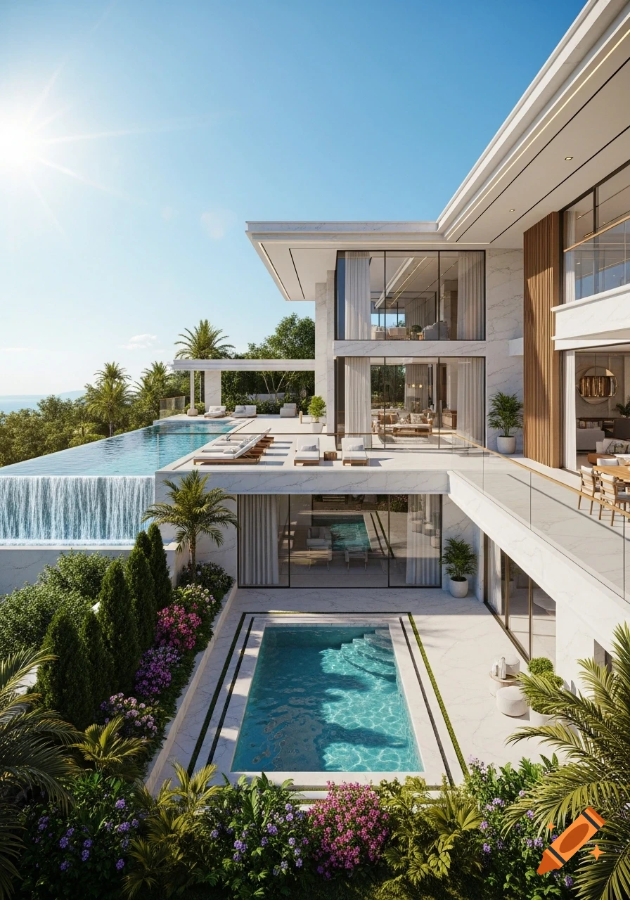 A photorealistic modern luxury villa with two pools, one an infinity pool overlooking the ocean, and lush gardens under a sunny sky.