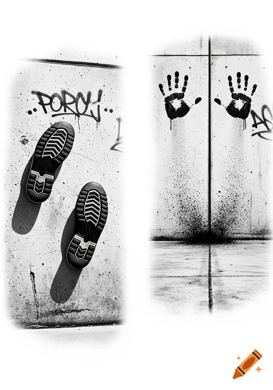 Black and white image of two shoe prints on a concrete wall with graffiti, and two black handprints on an adjacent wall.