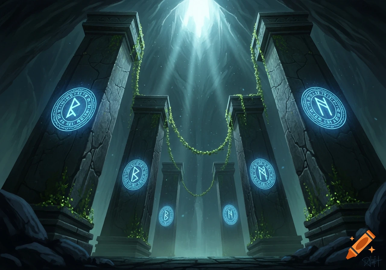 Ancient stone columns with glowing blue runic symbols stand in a dark, cavernous chamber, illuminated by light from above.