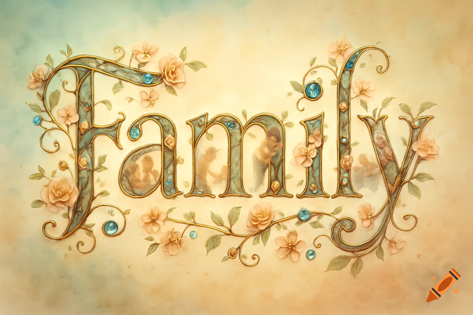 Ornate word art spelling 'Family' in gold and blue, decorated with pink roses and family silhouettes, on a soft pastel background.