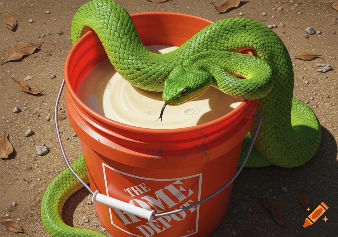 A vibrant green viper snake coils around and dips its head into an orange Home Depot bucket filled with thick white fluid, on a dirt ground.