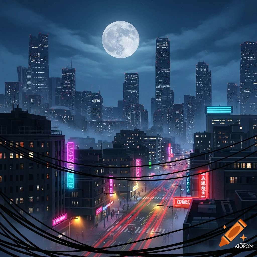 An artistic night view of a futuristic city with tall buildings, a full ...