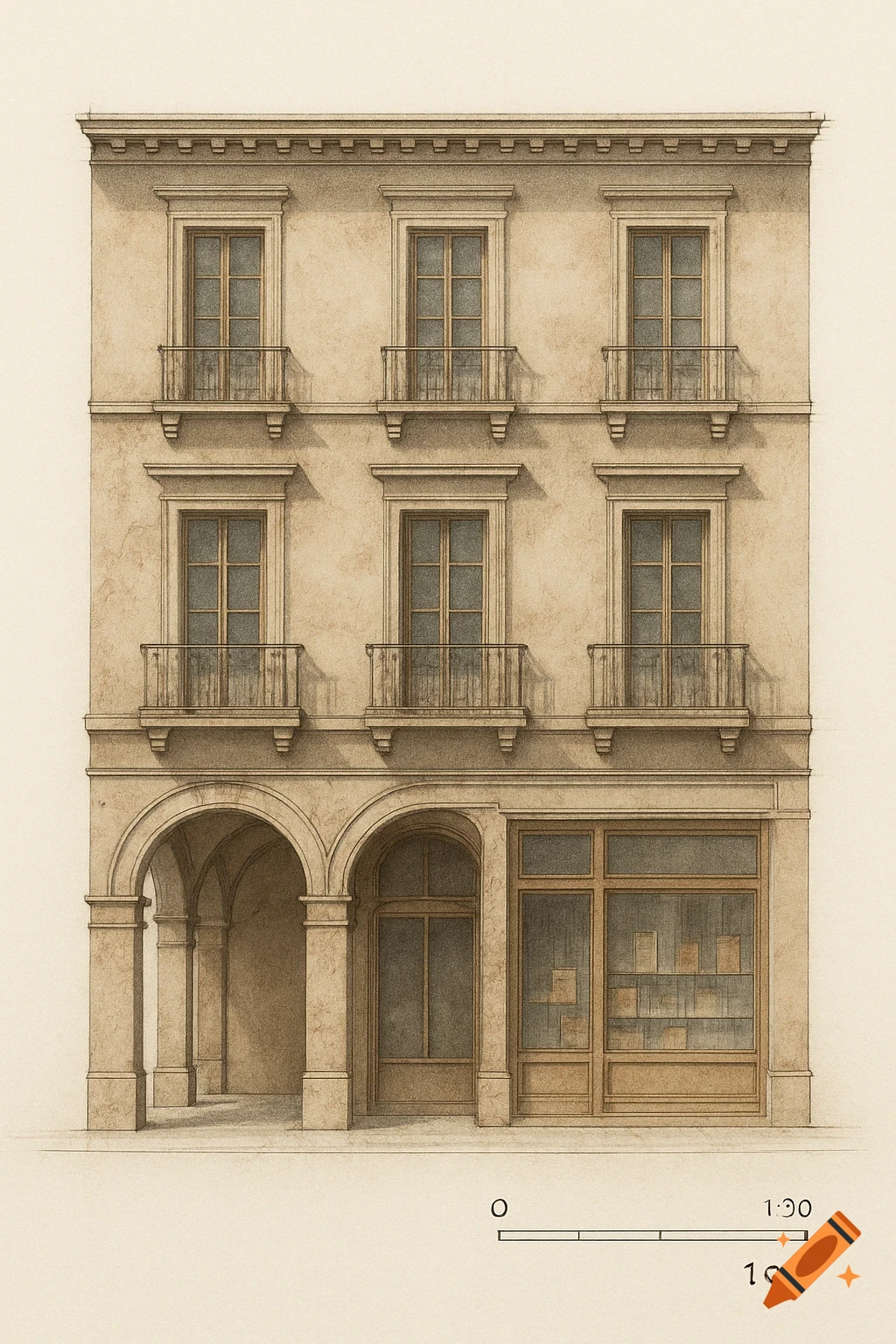 A detailed architectural drawing of an old building facade with three stories, arches, and a shopfront on the ground floor.