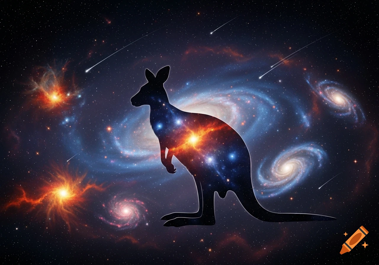 A black kangaroo silhouette filled with a colorful galaxy, set against a dark space background with multiple galaxies and shooting stars.