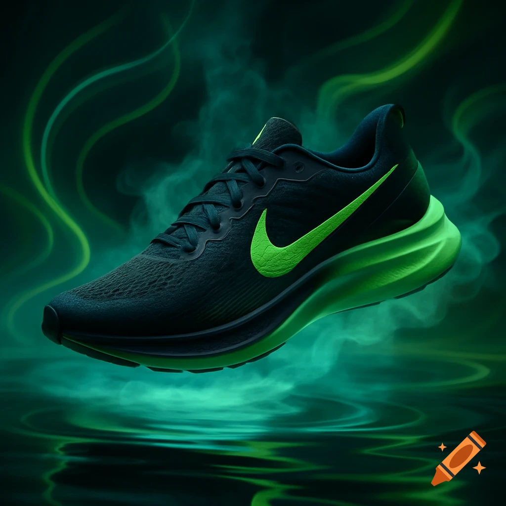 A dark blue and vibrant green Nike running shoe floats above rippling water, enveloped in glowing green mist.