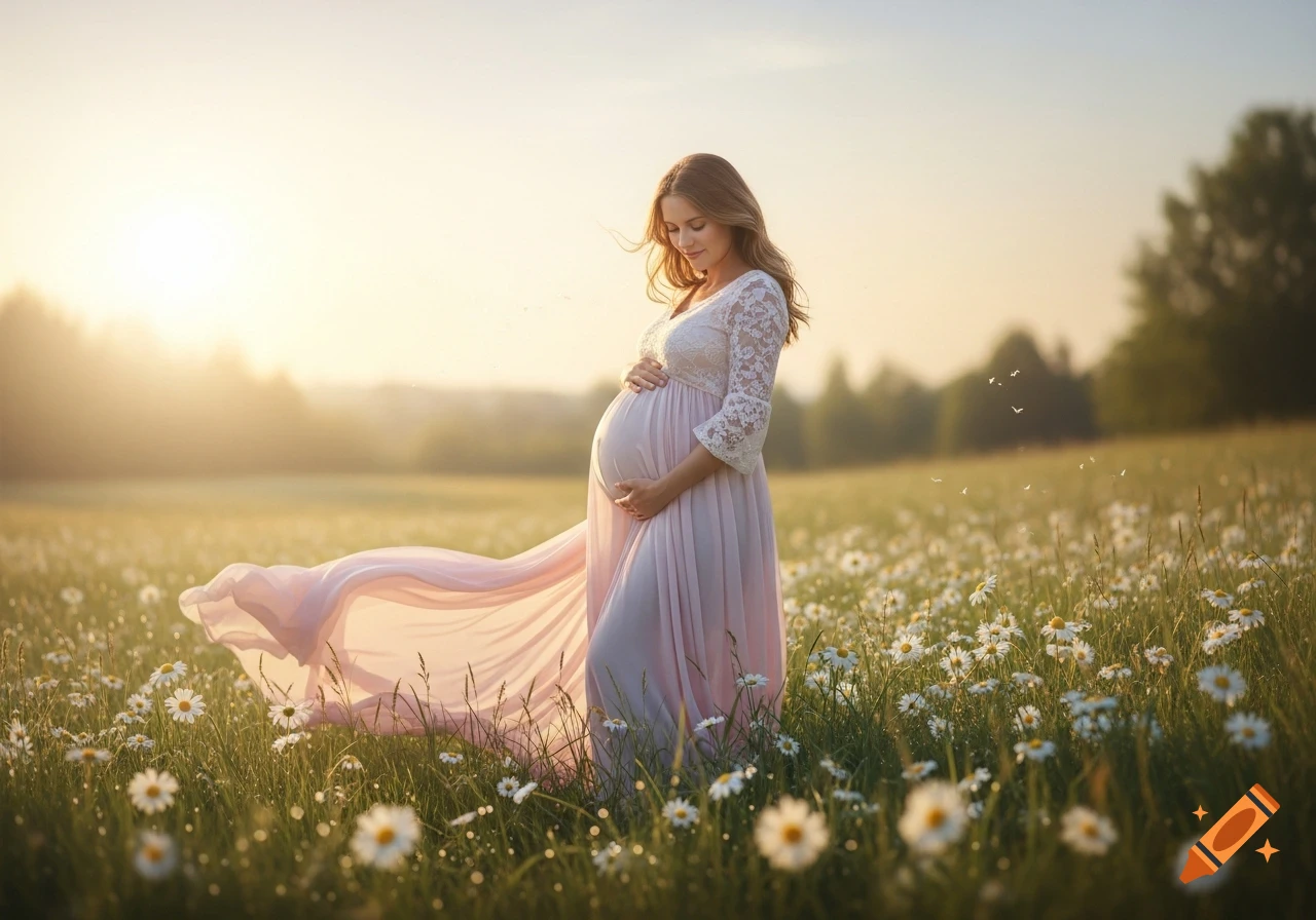 A pregnant woman in a flowing pink dress cradles her belly in a field of daisies at sunset, with golden light.