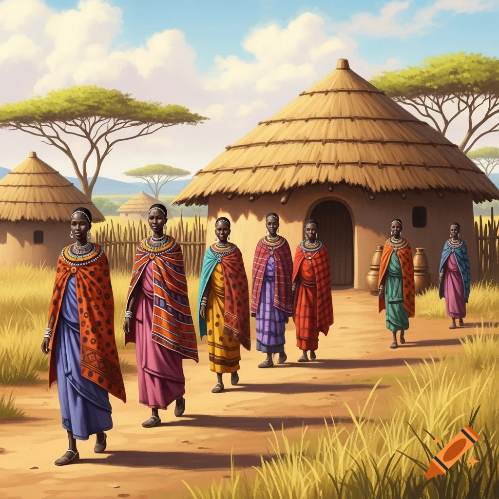 Illustration of six African women in colorful traditional attire walking on a dirt path past thatched huts in a sunny village.