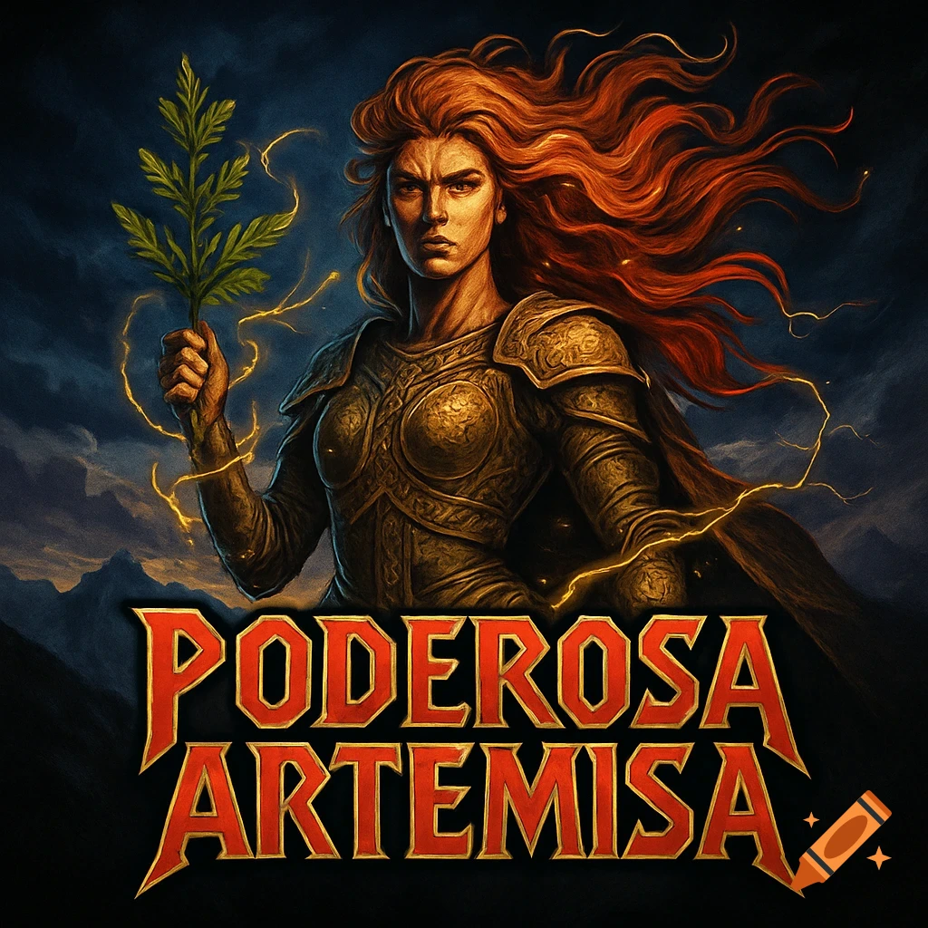 Epic illustration of a fierce goddess in golden armor, holding an Artemisia plant, with 'Poderosa Artemisa' text.