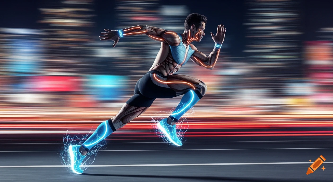 A futuristic superathlete runs at full speed on a track with glowing muscles and neon super-socks, against a blurred city background, depicting extreme speed.