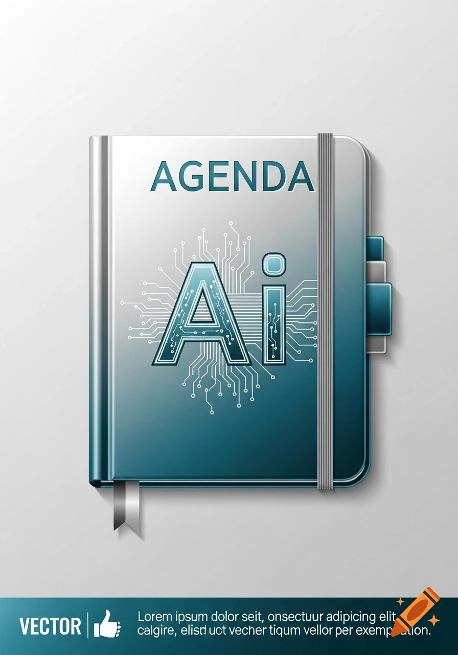 A silver and blue agenda book with 'AGENDA' and stylized 'Ai' text with circuit patterns on the cover, in an illustration style.