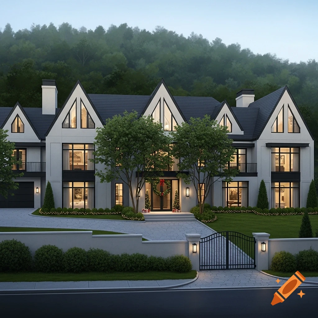 A modern, pale gray house with black accents and triangular roofs, decorated for Christmas. A paved driveway leads to a gated entrance.