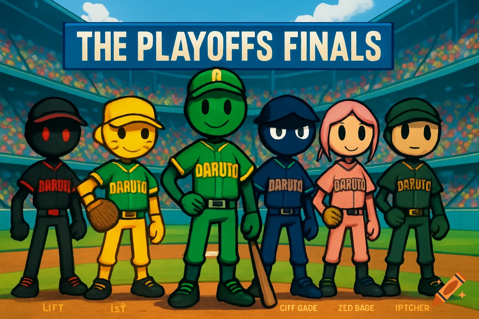 A lineup of six stickman-style cartoon baseball players from "Team Daruto" in various colored uniforms, standing on a baseball field with a stadium in the background. A banner above reads "THE PLAYOFFS FINALS."