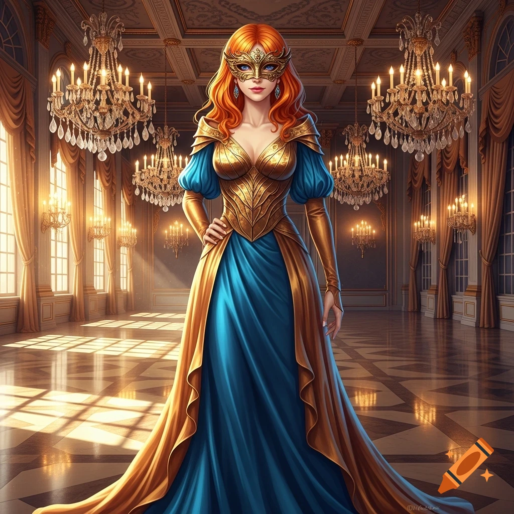 A red-haired woman with a gold mask and blue eyes wears an elegant gold and blue gown in a lavish ballroom with chandeliers.