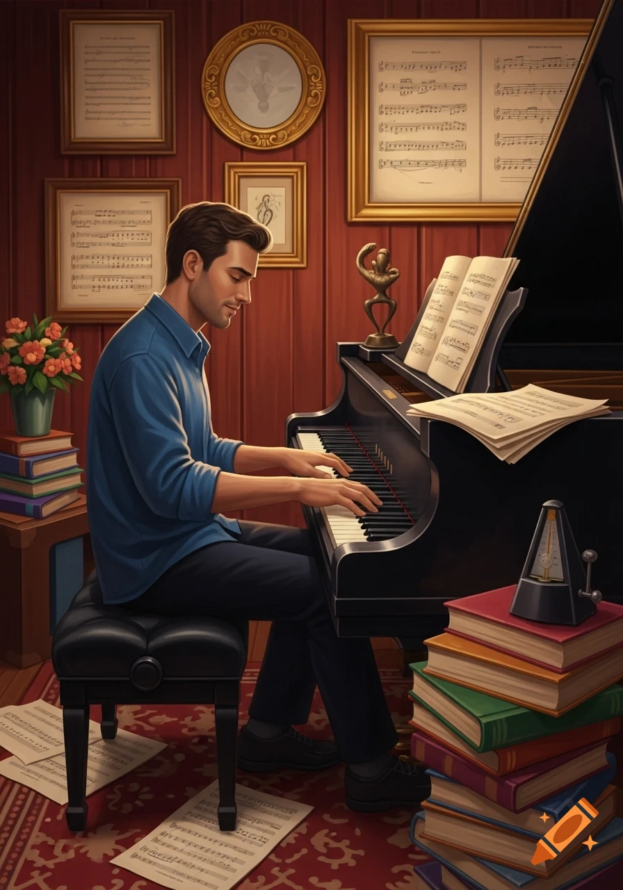 A man with brown hair and a blue shirt plays a black grand piano in a room with wood paneling, framed music sheets, and stacks of books. A metronome sits on books.