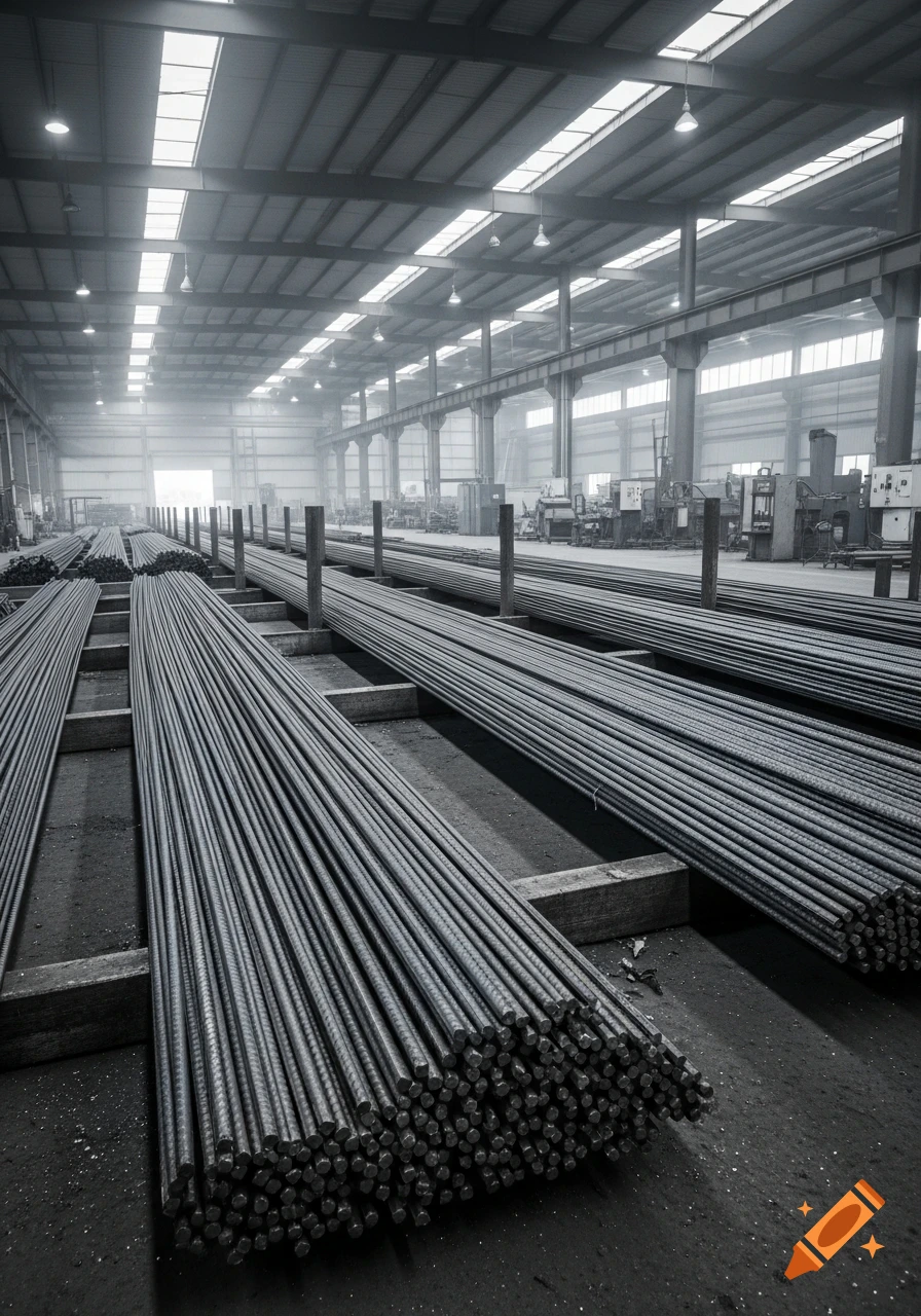 Photorealistic view of stacked rebar in a large, industrial factory setting with skylights.
