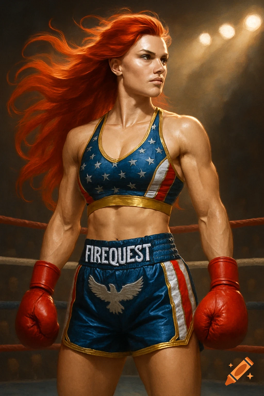 A muscular female boxer with long red hair, wearing an American flag-themed sports bra and shorts, stands in a boxing ring.