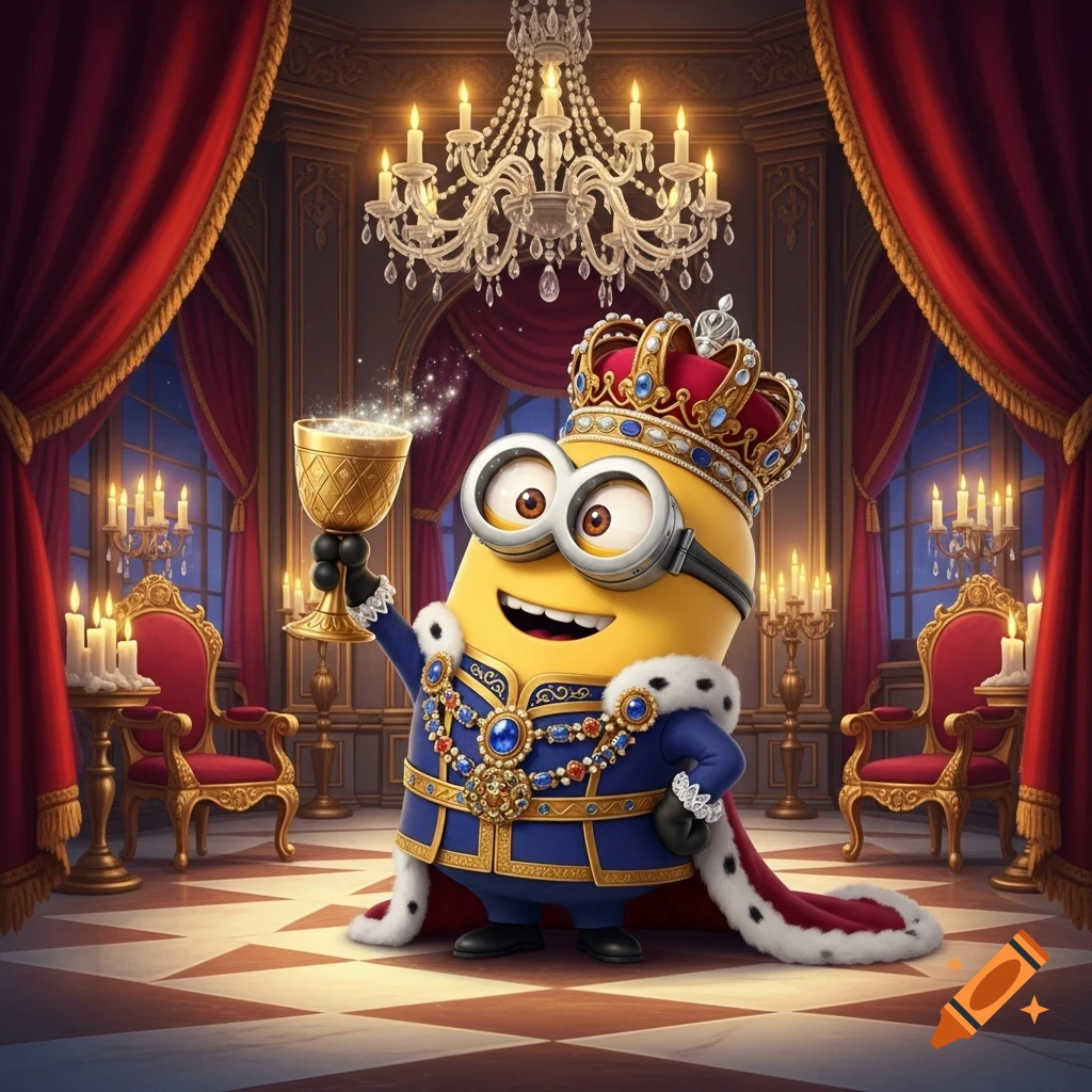 A Minion dressed in a royal blue and gold robe with a crown, holding a sparkling golden goblet, stands in a lavish palace room.
