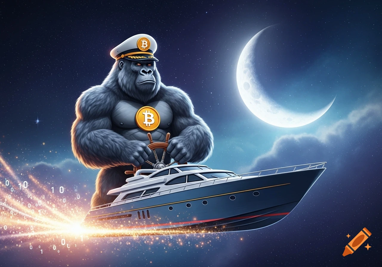 A muscular gorilla in a captain's hat with Bitcoin symbols steers a yacht through a starry night sky towards a crescent moon, leaving trails of binary code.