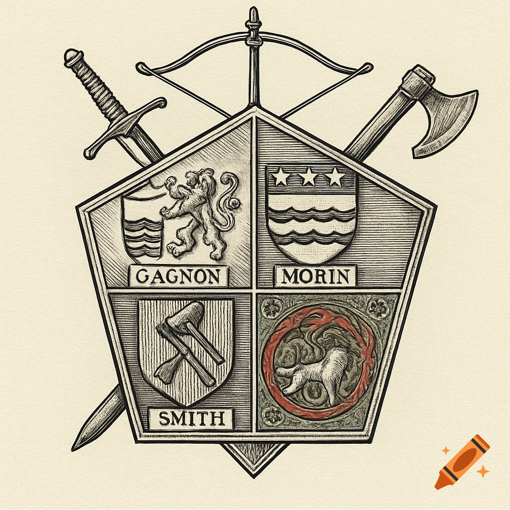 Engraved heraldic shield with lion, stars, hammers, dragon, and wolf, surrounded by a sword, axe, and bow.