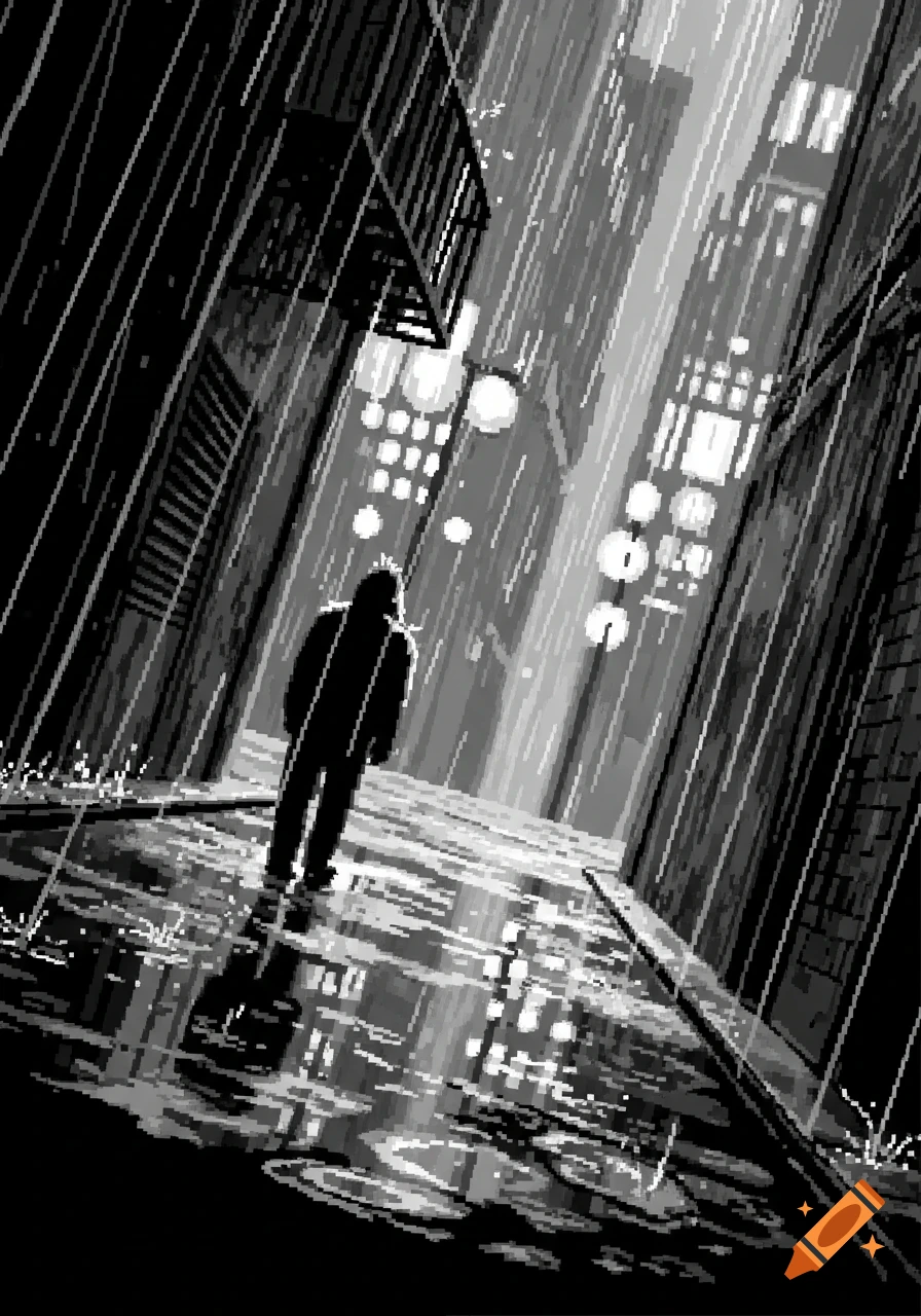 A pixel art black and white image of a solitary figure walking down a rainy, canted alleyway with city lights reflecting on the wet ground.