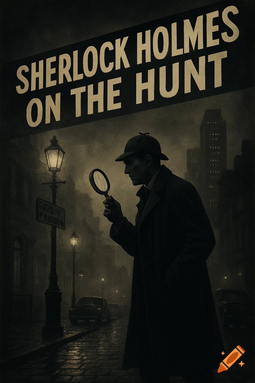 Film noir poster: Sherlock Holmes in a deerstalker hat and trench coat, holding a magnifying glass on a foggy city street. Sign reads 'SHERLOCK HOLMES ON THE HUNT'.