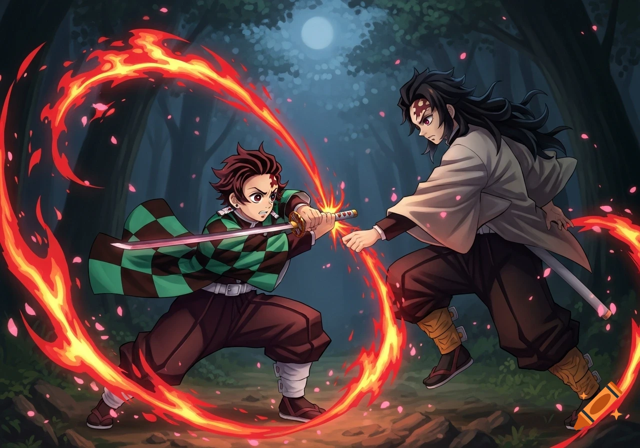 Tanjiro from Demon Slayer battles another character with a sword, surrounded by swirling fire and pink petals in a dark forest under a full moon.