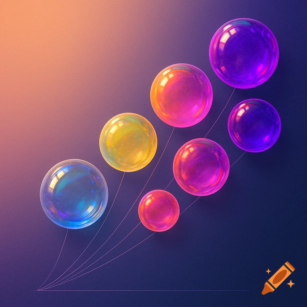 Seven colorful, glossy bubbles arranged diagonally on a dark background with faint connecting lines.