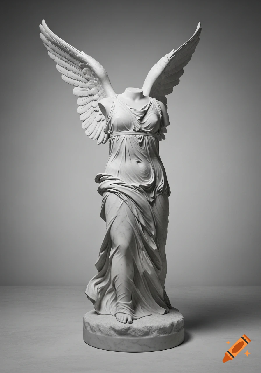 A white marble sculpture of a headless, armless woman with large wings, standing on a circular base. The drapery billows realistically.