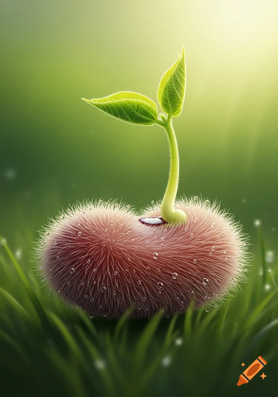 A fluffy reddish-brown bean with a vibrant green sprout emerging, covered in water droplets on a blurred green background.