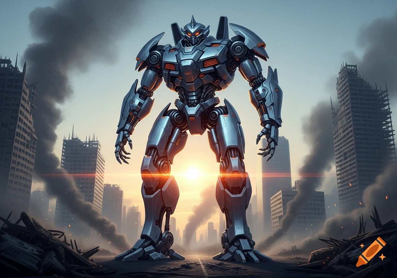 A towering metallic mech stands in a destroyed, smoky city with ruined buildings, silhouetted by a bright orange sunset.