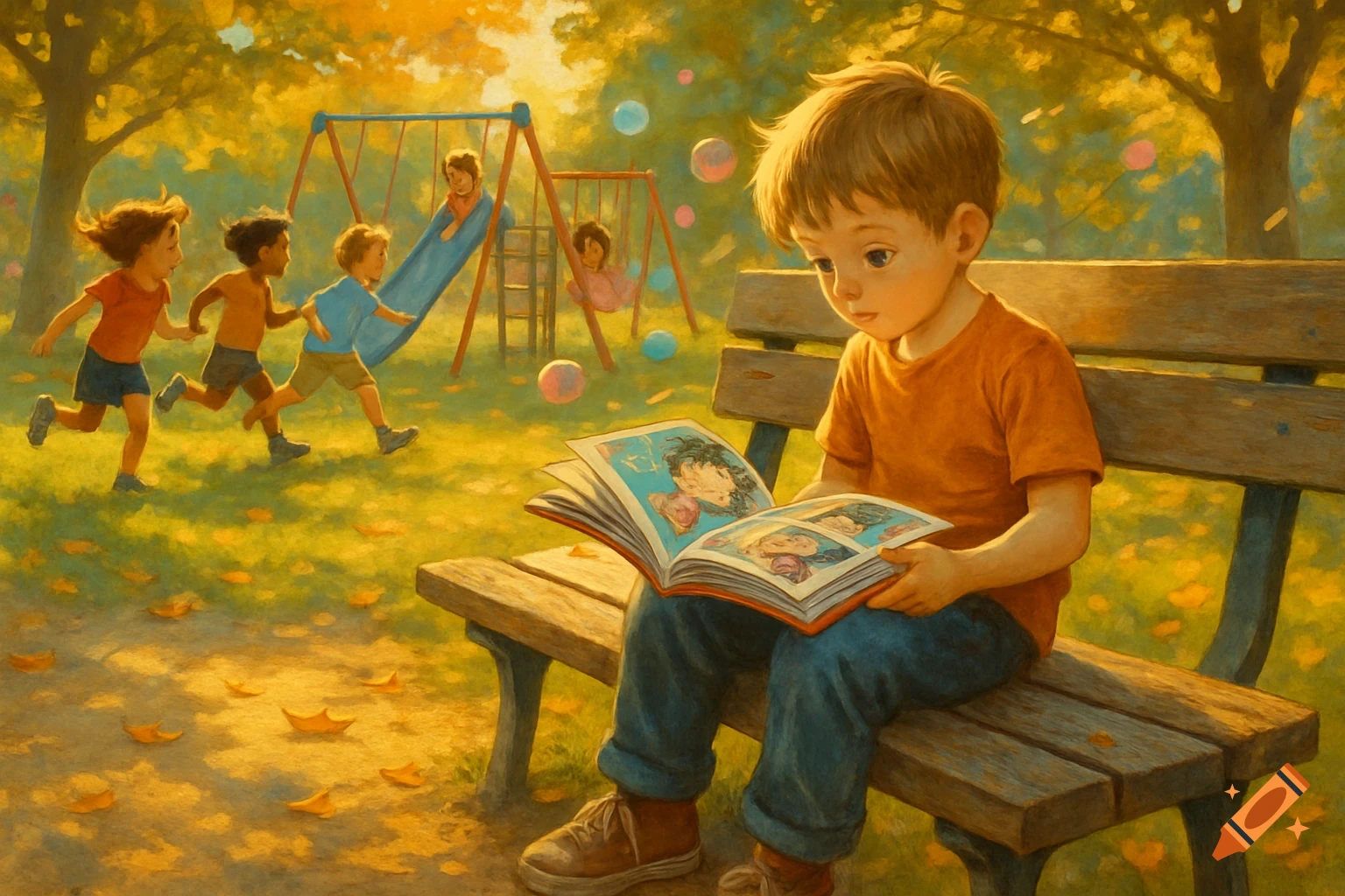 A young boy reads a comic book on a park bench while other children play on swings and a slide in an impressionistic autumn park.