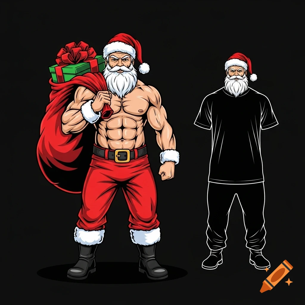 Muscular, shirtless Santa Claus in bold vector art style, carrying a gift sack, standing next to a black outline of a figure.