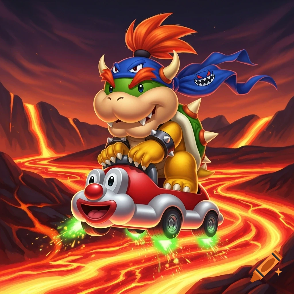 Vibrant illustration of Bowser Jr. riding his clown car over a river of glowing lava.