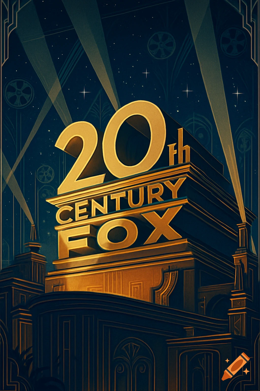 Golden 20th Century Fox logo monument in an art deco style, with searchlights against a starry night sky.