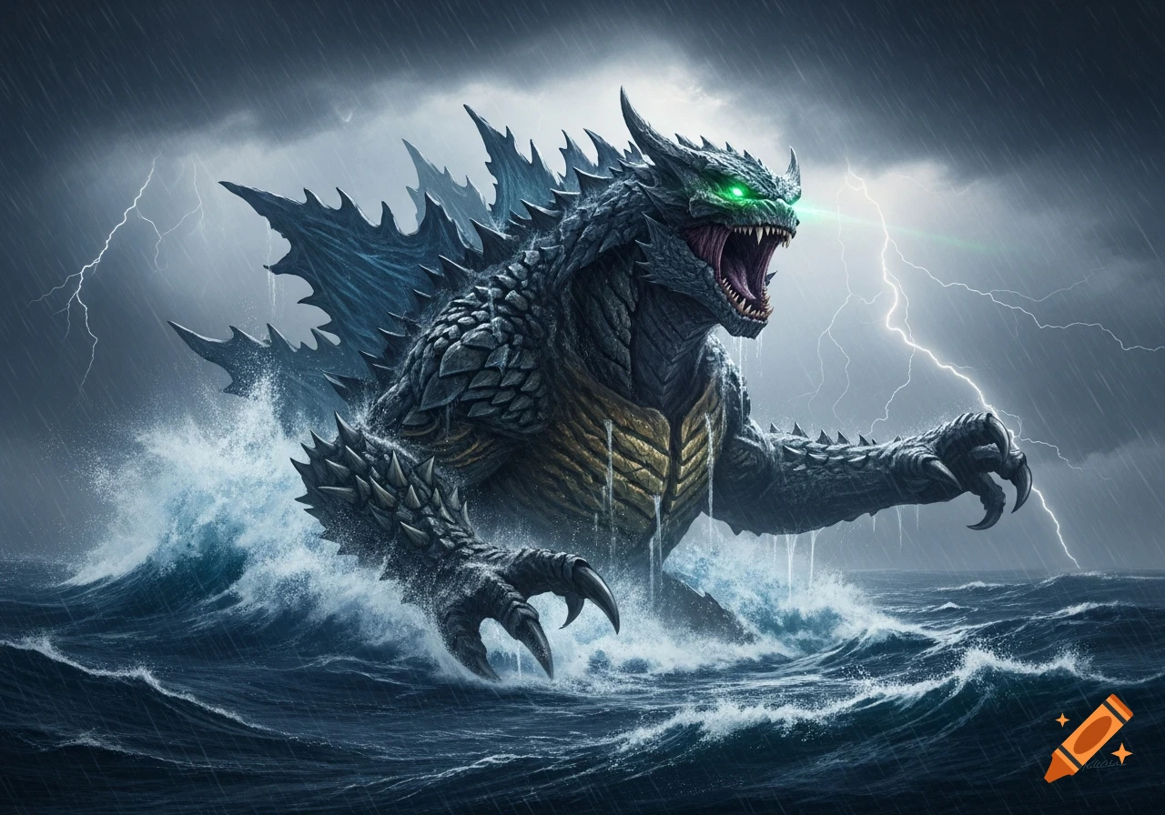 A giant, dark Kaiju with glowing green eyes and large dorsal fins rises from stormy seas under a lightning-filled sky.