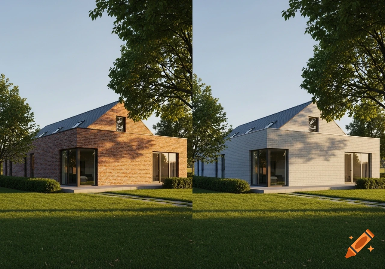 A split image showing two modern houses; the left is red brick, the right is light gray, both surrounded by green grass and trees under a clear sky.
