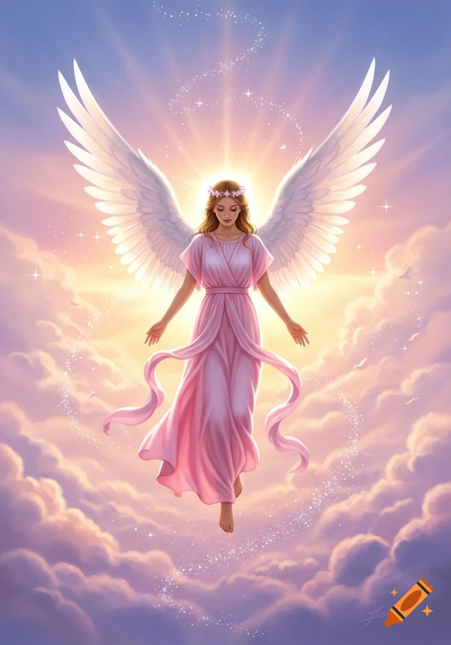 Ethereal digital art of an angel with white wings and a pink dress, floating amidst glowing clouds and sun rays.