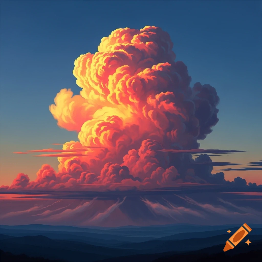 A dramatic, stylized cumulus cloud glows orange and yellow against a deep blue sky above distant, dark mountains.