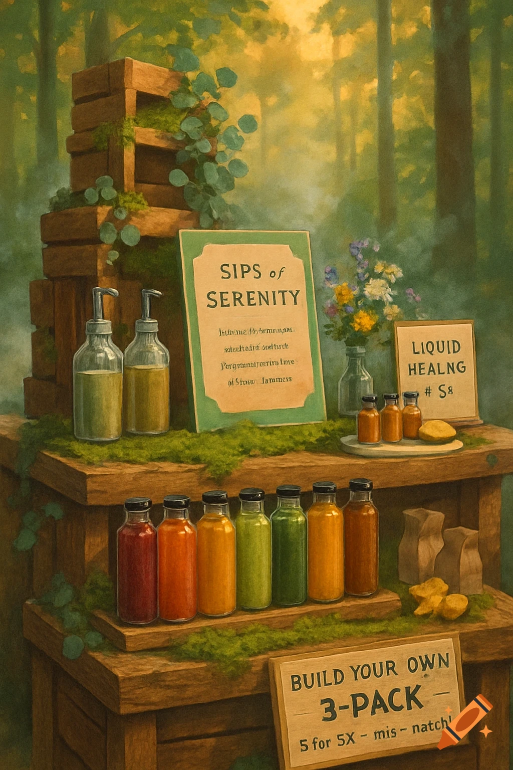 A rustic forest market booth with stacked wooden crates, moss, and various bottles of colorful juices and "Sips of Serenity" signage in a lush, painterly forest setting.