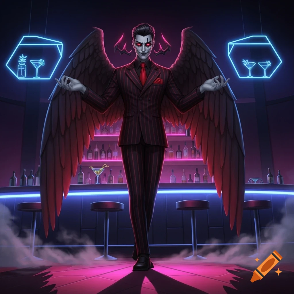 A demonic character with large black wings and a pinstripe suit stands in a neon-lit bar.