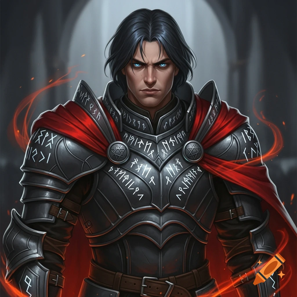 A stoic male Eldritch Knight with dark hair and glowing blue eyes, wearing black heavy armor with runes and a red cape, in a dark castle setting.