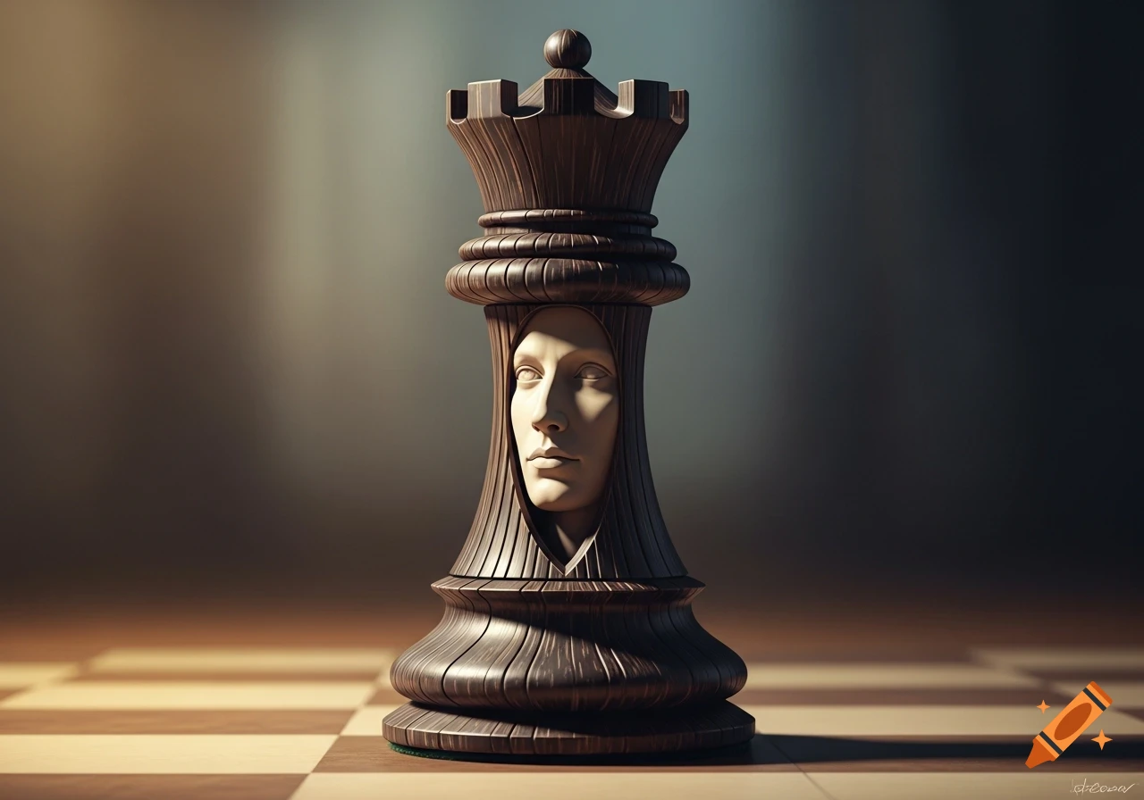 A dark wooden chess queen piece with a serene pale human face carved into its body, standing on a chessboard.