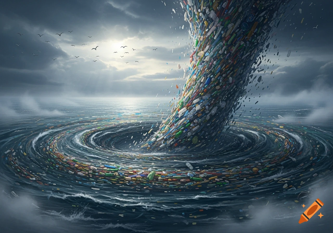 A massive vortex of colorful plastic waste swirls powerfully in a dark, stormy ocean under a dramatic cloudy sky.
