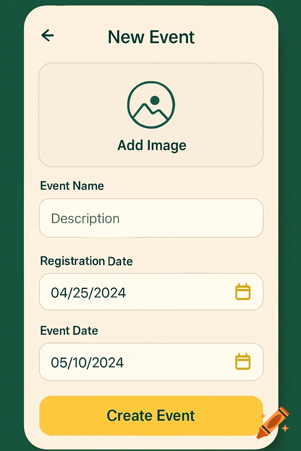 A mobile app UI for creating a new event, featuring input fields for event details, an image upload, and a 'Create Event' button, in a green, yellow, and beige color scheme.