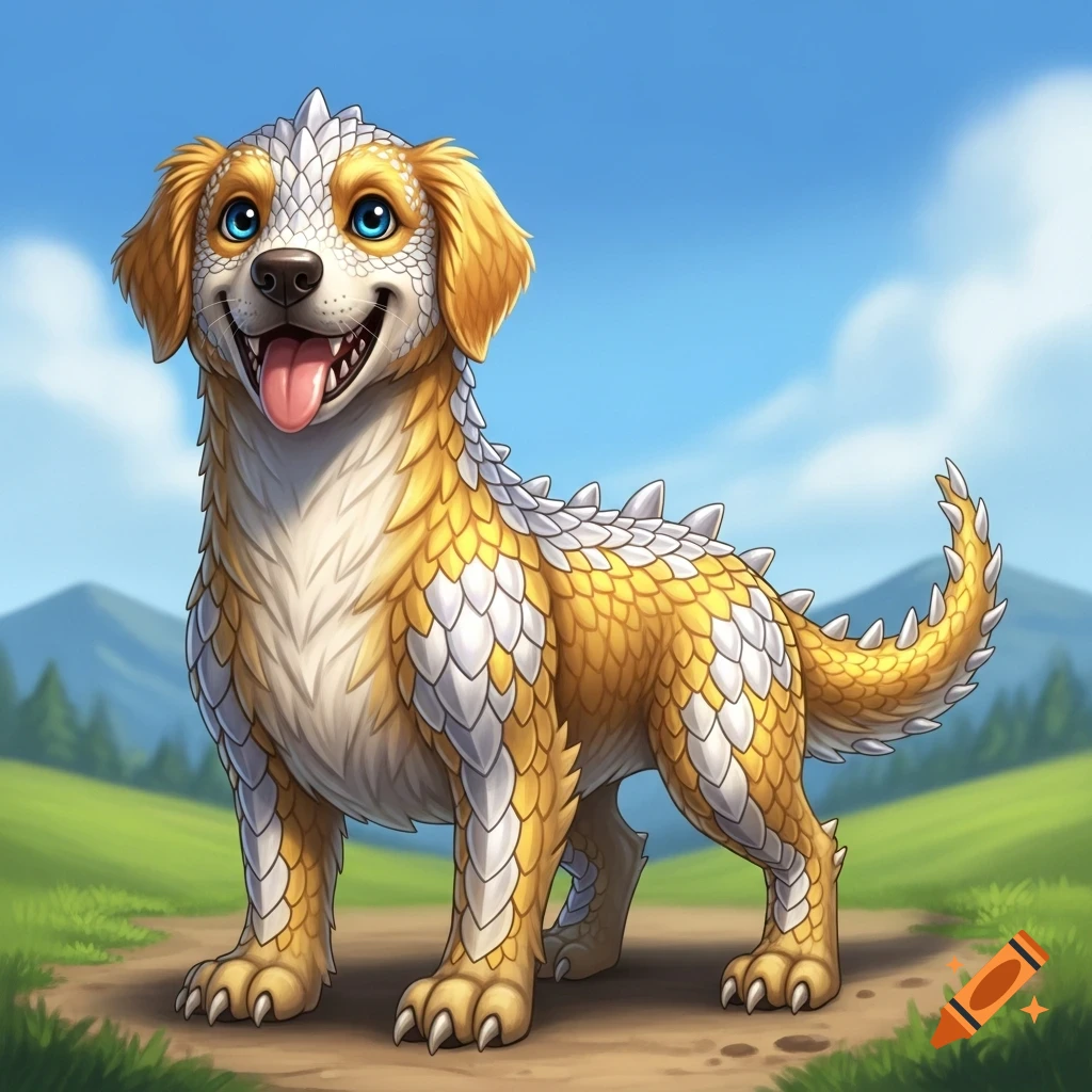 A cute, friendly cartoon dog-dinosaur hybrid with golden and white scales, blue eyes, and a long tongue stands on a dirt path in a grassy landscape.