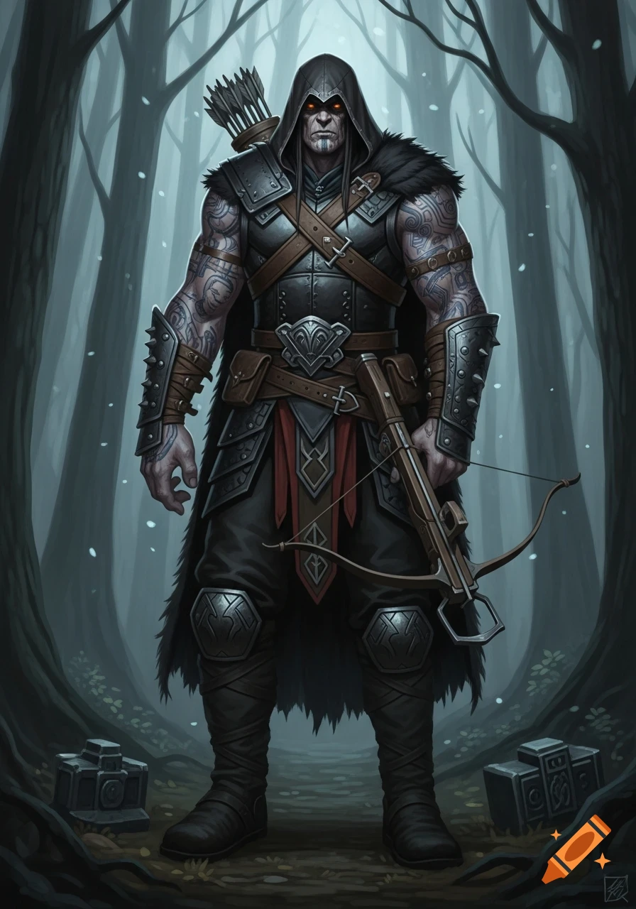 A hulking goliath warrior with grey skin and tattoos stands in a dark forest, wearing black armor and a hooded cloak, holding a crossbow.
